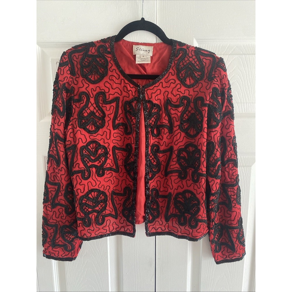 Stenay Womens Small Red Silk Black‎ Beaded Bolero Jacket Holiday Event Glam
